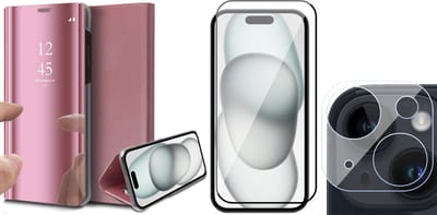 Hoesje geschikt voor iPhone 15 - Screenprotector FullGuard & Camera Lens Screen Protector - Book Case Spiegel Roségoud