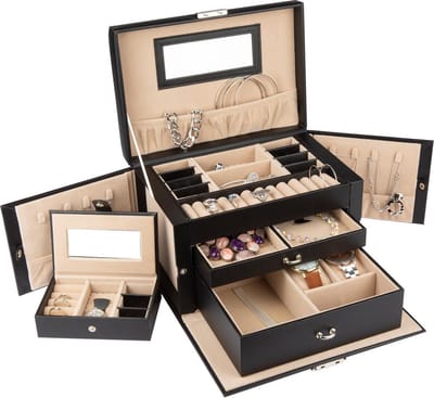 LifeGoods Sieradendoos XL - Juwelendoos - 20 Vakken - Juwelenkistje - Sieradendoos voor Volwassenen - Zwart/Beige
