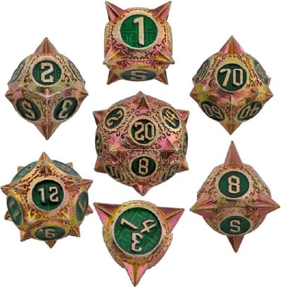 Lapi Toys - Dungeons and Dragons dobbelstenen - DnD Dice - Polydice - Dobbelstenen Dungeons Dragons - Metal dice - Metalen Dobbelstenen - DnD Dice Set - 1 set (7 stuks) - Metaal - Goudkleurig - Groen