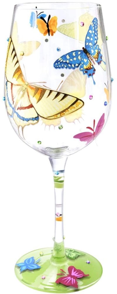 Allecto - Handgeschilderd Wijnglas - Kleurrijke Vlinders - Ambachtelijk Ontwerp - 15 oz - Perfect voor Verjaardagen en Bruiloften - Uniek Cadeau