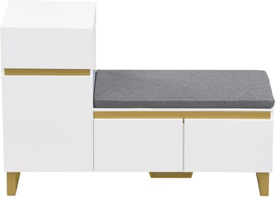 Halmeubel met Ingebouwde Schoenenbank, Opbergkast met Laden en Deuren, Wit Hoge Glans met Gouden Accenten, Multifunctionele Ingangsmeubel