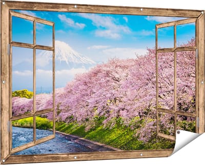 Gards Tuinposter Doorkijk Roze Bloesembomen bij de Fuji Berg - 150x100 cm - Tuindoek - Tuindecoratie - Wanddecoratie buiten - Tuinschilderij