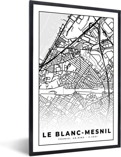 Fotolijst incl. Poster Zwart Wit- Plattegrond - Kaart - Frankrijk - Stadskaart - Le Blanc-Mesnil - Zwart wit - 40x60 cm - Posterlijst