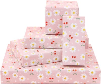 MK Stoer - Cadeaupapier - Bloemen - Voor kinderen - Wit en geel - Rode kersen - Roze papier - Verjaardag - Nieuwe babyborrel - Bruiloft - Vakantie - Doop