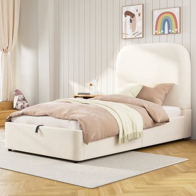 Gestoffeerd bed - kinderbed 90 x 200 cm - met lattenbodem - hoofdbord en opbergruimte - gestoffeerd hoofdbord - beige - zonder matras