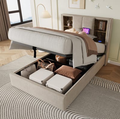 MEUNIQ eenpersoonsbed 90x200 cm met opbergruimte, stoffen bedframe met lattenbodem, hoofdbord met open vakken, draadloos laden, USB en USB-C, slaapkamer, naturel