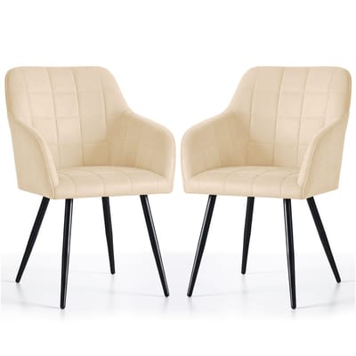 Set van 2 Eetkamerstoelen LUXANO met Armleuningen / Gestoffeerde Stoelen / Fluwelen Stoelen en Metalen Poten / Beige met zwarte benen