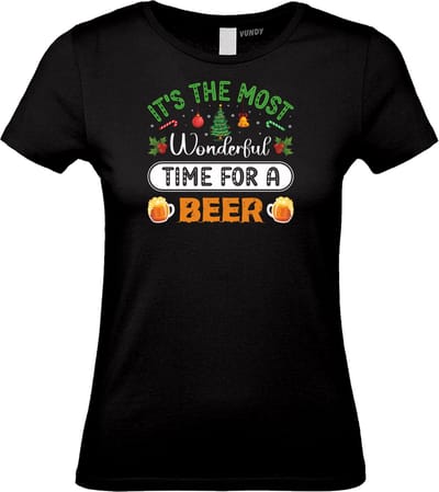 Dames t-shirt Time For A Beer | Foute Kersttrui Dames Heren | Kerstcadeau | Kerstpakket | Zwart (Dames) | maat XS