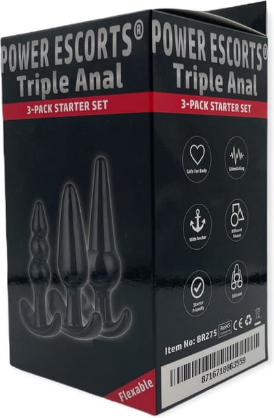 Power Escorts - Triple Anal - Anal starter set - 3 verschillende Buttplugs - met anker - lekker flexibel dus ideaal om uit te proberen - 3 verchillende formaten - gave Cadeaubox - ideaal om te geven of te ontvangen - BR275