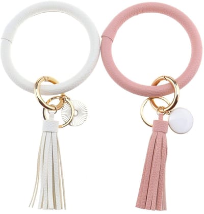 Dailygoods- Sleutelhanger Armband Set - 2 Stuks Lederen Kwastjes - Lichtgewicht - Geschikt voor Autosleutels/Huissleutels - Buitendiameter 9,5 cm - Sleutelarmband