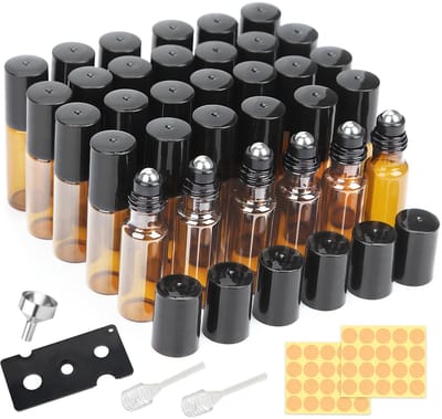 Dailygoods- Rollon Flessen 32 Stuks - Lege 5ml Glazen Flessen - Roestvrij Stalen Rollerbal - Geschikt voor Essentiële Olie - Perfect voor Aromatherapie - Geurobottles