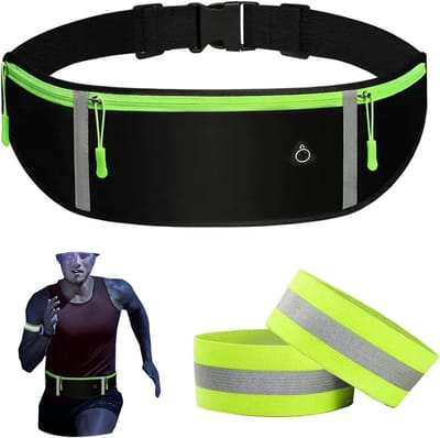 Verstelbare hardloopriem met elastische band, zweetbestendige heuptas met reflecterende strips, ruime hardlooptas voor hardlopen en fietsen, zwart en chartreuse