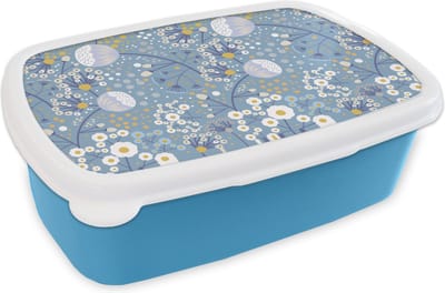Broodtrommel Blauw - Lunchbox - Brooddoos - Patronen - Kamille - Bloemen - 18x12x6 cm - Kinderen - Jongen