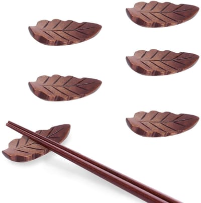 Dailygoods- Eetstokje Set - 5-delige Set - Houten Eetstokjesstandaard - Japanse Stijl - Lepel/Vork Houder - Bladvormig Design - Eetstokjeshouder