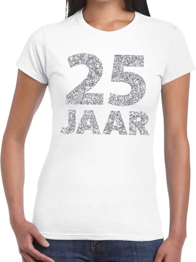25 jaar zilver glitter verjaardag t-shirt wit dames - verjaardag / jubileum shirts XS