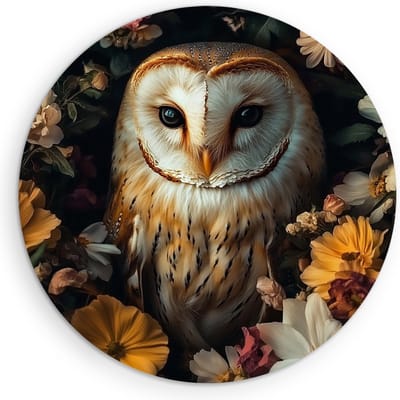 Saammp - Muurcirkel Hout Uil - tussen de bloemen- Abstract - Dieren - Ø 90 - Wandcirkel - Wanddecoratie Cirkel - muurdecoratie Woonkamer - Slaapkamer decoratie - Rond Schilderij