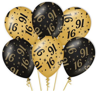 BTH - Helium Ballonnen - 16 Jaar - Goud - Zwart - Ballonnen - Verjaardag - Versiering - Decoratie - Feestartikelen - 6st