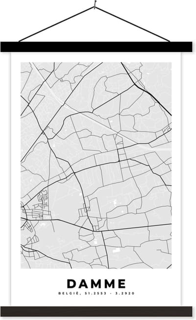 Posterhanger incl. Poster 40x60 cm - Schoolplaat - België – Damme – Stadskaart – Kaart – Zwart Wit – Plattegrond - Textielposter - Zwarte latten - Stadskaart