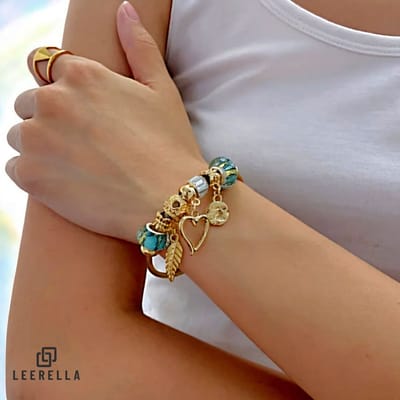 Leerella Dames Armband met Leaf Love Hanger en Bedels - Goudkleurig RVS - 16 cm