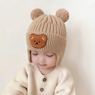 Bonnet d'hiver pour bébé, 1 pièce, bonnet tricoté avec Protection des oreilles, ours de dessin animé, pour garçons et filles en bas âge kaki