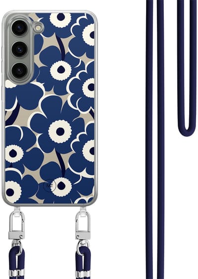 Hoesje met koord geschikt voor Samsung Galaxy S23 - Abstract bloom - Inclusief Donkerblauw koord - Crossbody beschermhoes - Transparant, Blauw - Mooie Telefoonhoesjes
