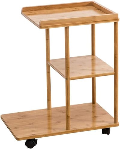 Bijzettafel - Thee- of salontafel - Multifunctioneel gebruik - Vergrendelbare wielen - Drielaags ontwerp - Natuurlijk bamboe