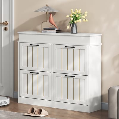 Clruro Schoenenkast - 105 × 24 × 83 cm - Klepdeuren met Opbergvakken - MDF - Wit