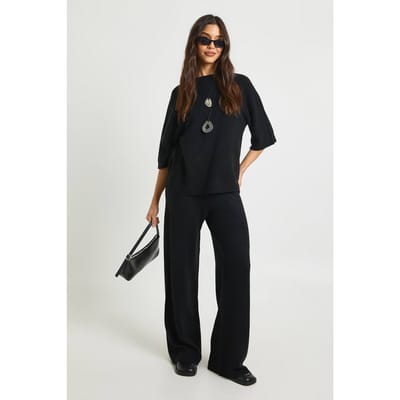 boohoo Dames Gebreide Korte Mouwen Top En Broek Set | Zwart | Maat: Small