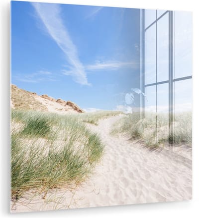 MuchoWow® Glasschilderij 20x20 cm - Schilderij acrylglas - Strand - Duin - Gras - Foto op glas - Muurdecoratie woonkamer - Wanddecoratie slaapkamer - Schilderijen