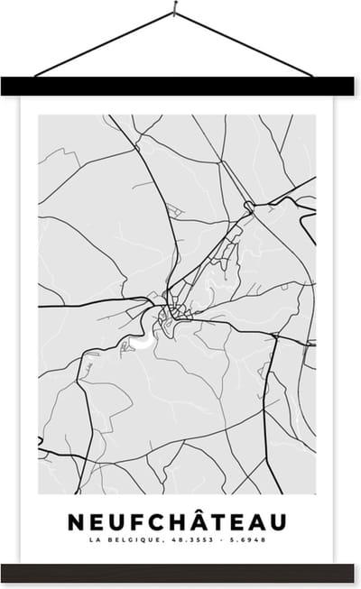 Posterhanger incl. Poster 40x60 cm - Schoolplaat - Stadskaart – Plattegrond – België – Zwart Wit – Neufchâteau – Kaart - Textielposter - Zwarte latten - Stadskaart