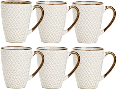 Secret de Gourmet Koffiemokken Marbella - 6x stuks - Keramiek - wit/goud - 300 ml - 8 x 11 cm - Luxe uitstraling
