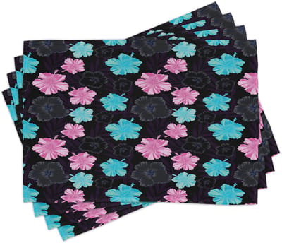 ABAKUHAUS Tropische placemats, veelkleurige hibiscus op donker stof, kleurvast, tafeldecoratie voor eetkamer en keuken, kokosgrijs en multicolor