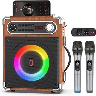 Thuys – Karaoke Set – Voor Volwassenen – Met 2 Microfoons – Draadloze Microfoons – Bluetooth – Complete Set – Klassieke Look – Hout