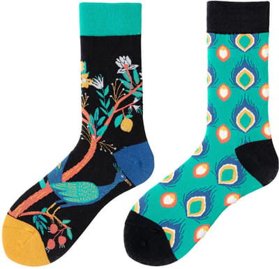 Tutti Footi – Paar verschillende sokken met Pauwen, Bloemen & Pauwenveren – Maat 36-40 – Kleurrijk/Natuur/Vogels/Dieren