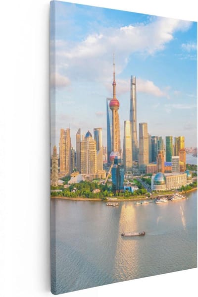 Artaza Canvas Schilderij Stad - 20x30 cm - Klein - Wanddecoratie Skyline Shanghai - Muurdecoratie Rivier - Kamer Accessoires