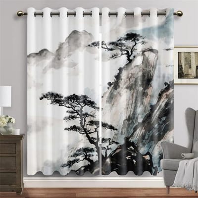 Rideau de fenêtre paysage peinture à l'encre traditionnelle chinoise stores pour salon chambre d'enfants salle de bain cuisine porte décoration de la maison 2 pièces W65X60H(cm)X2Pcs&Hook