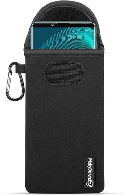 MobyDefend Hoesje - Geschikt voor Sony Xperia 5 III - Neopreen Pouch Met Karabijnhaak - Insteek - Riemlus - Zwart