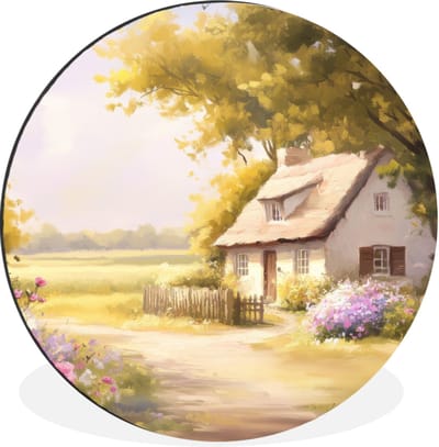 WallCircle - Wandcirkel - Muurcirkel - Huisje - Hout - Bloemen - Aluminium - Dibond - 30x30 cm - Binnen en Buiten
