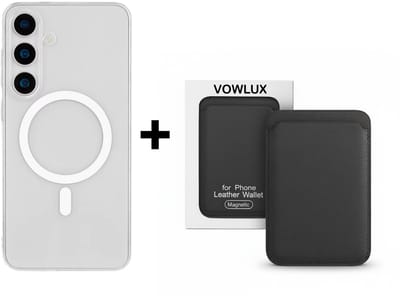 VOWLUX Compatible MagSafe Hoesje voor Samsung Galaxy S25 Transparant – Inclusief Zwart Wallet Pasjeshouder – 24 Magneten – Kunstleer – 3 Kaarten – Shockproof Case