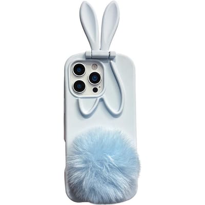 Schattig 3D Konijn Lang Oor Beugel Warme Pluizenbol Staart Zachte Siliconen Hoesje Voor iPhone 17 16 15 14 13 Pro Max Standhouder Cover iPhone 14 Pro