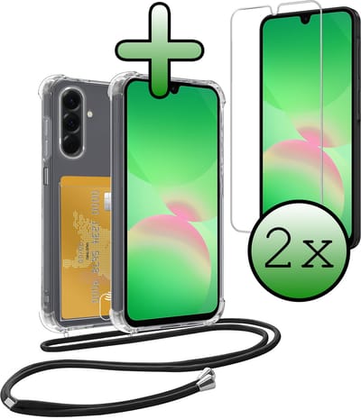 Hoes Geschikt voor Samsung A26 Hoesje Pas Houder Shock Proof Case Hoes Met Koord Met 2x Screenprotector - Hoesje Geschikt voor Samsung Galaxy A26 Hoes Met Telefoonkoord Pasjeshouder Cover - Transparant