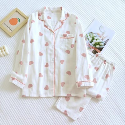 Nieuwe Lente- en Herfstpyjamaset voor Dames 100% Katoen Lange Mouwen Broek Tweedeelig Set Lief Schattig Zoet Huis Set XL wit
