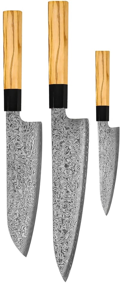 Shinrai Knives - Takumi Kaza 3-delige Damascus Messenset - Koksmes + Santoku + Schilmes