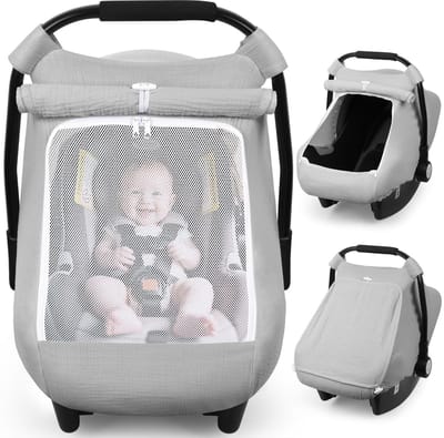 Autostoelhoes voor baby’s, autostoelhoezen voor jongens en meisjes, ademende mousselinekatoen, groot gaasvenster, autostoelkap voor zuigelingen, draaghoes en zonnekap voor kinderwagens – geschikt voor zomer en warme dagen (Grijs)