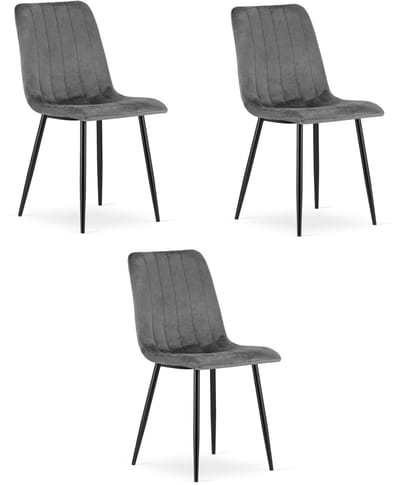 Set van 3 Eetkamerstoelen LAVA - Donkergrijs - Zwarte Metalen Poten - Velvet Bekleding - Industriële Stijl, Max. 110 kg, Ergonomisch Design, Comfortabele Zitting