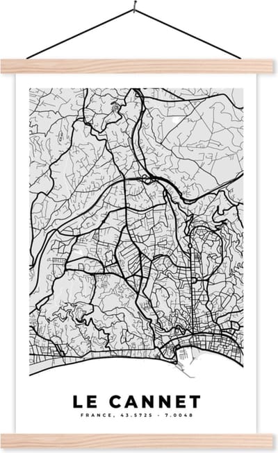 Posterhanger incl. Poster 40x60 cm - Schoolplaat - Stadskaart - Frankrijk - Kaart - Le Cannet - Plattegrond - Textielposter - Blanke latten - Stadskaart
