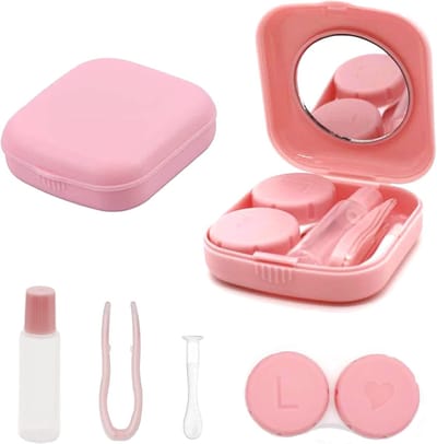 Compacte contactlenzenetui met spiegel en accessoires - Roze