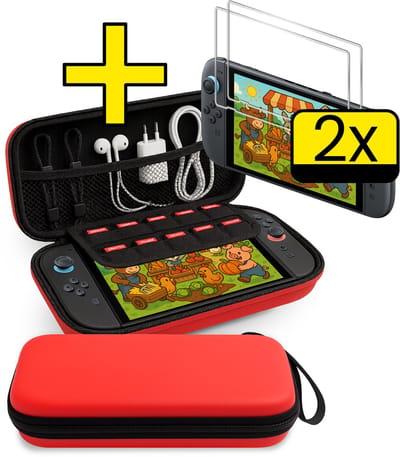 Hoes Geschikt voor Nintendo Switch 2 Case Hoesje Polsbandje Met 2x Screenprotector - Bescherm Hoes Geschikt voor Nintendo Switch 2 Hoes Hard Cover - Rood