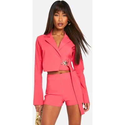 boohoo Dames Super Stretch Trim Detail Tie Waist Cropped Blazer | Pink | Maat: 6