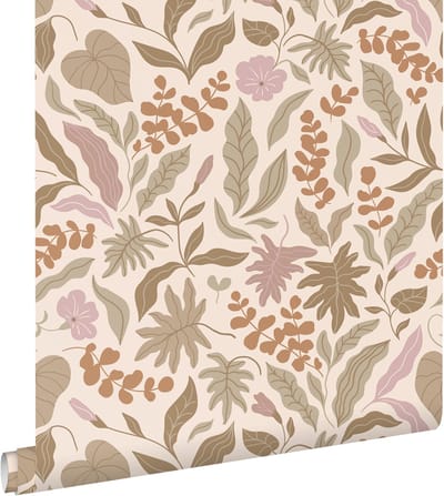 ESTAhome behang bladeren en bloemen warm beige, terracotta en paars - 50 x 900 cm - 131051